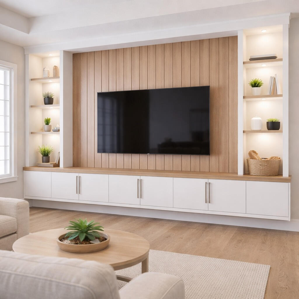 Modern TV media wall in Clearwater with floating cabinets, wood panel accent, and soft LED lighting