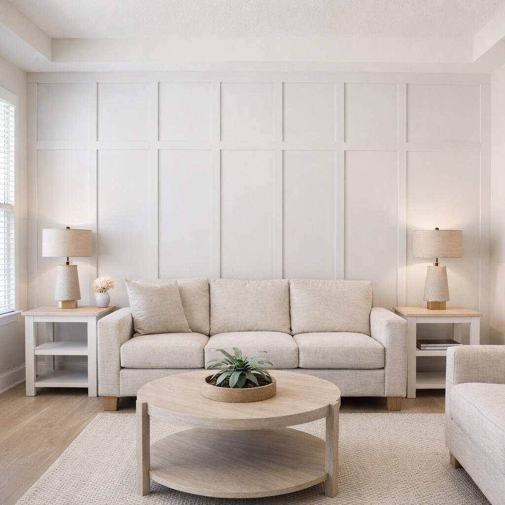 Board and batten accent wall in a modern Clearwater living room with neutral coastal design and clean layout