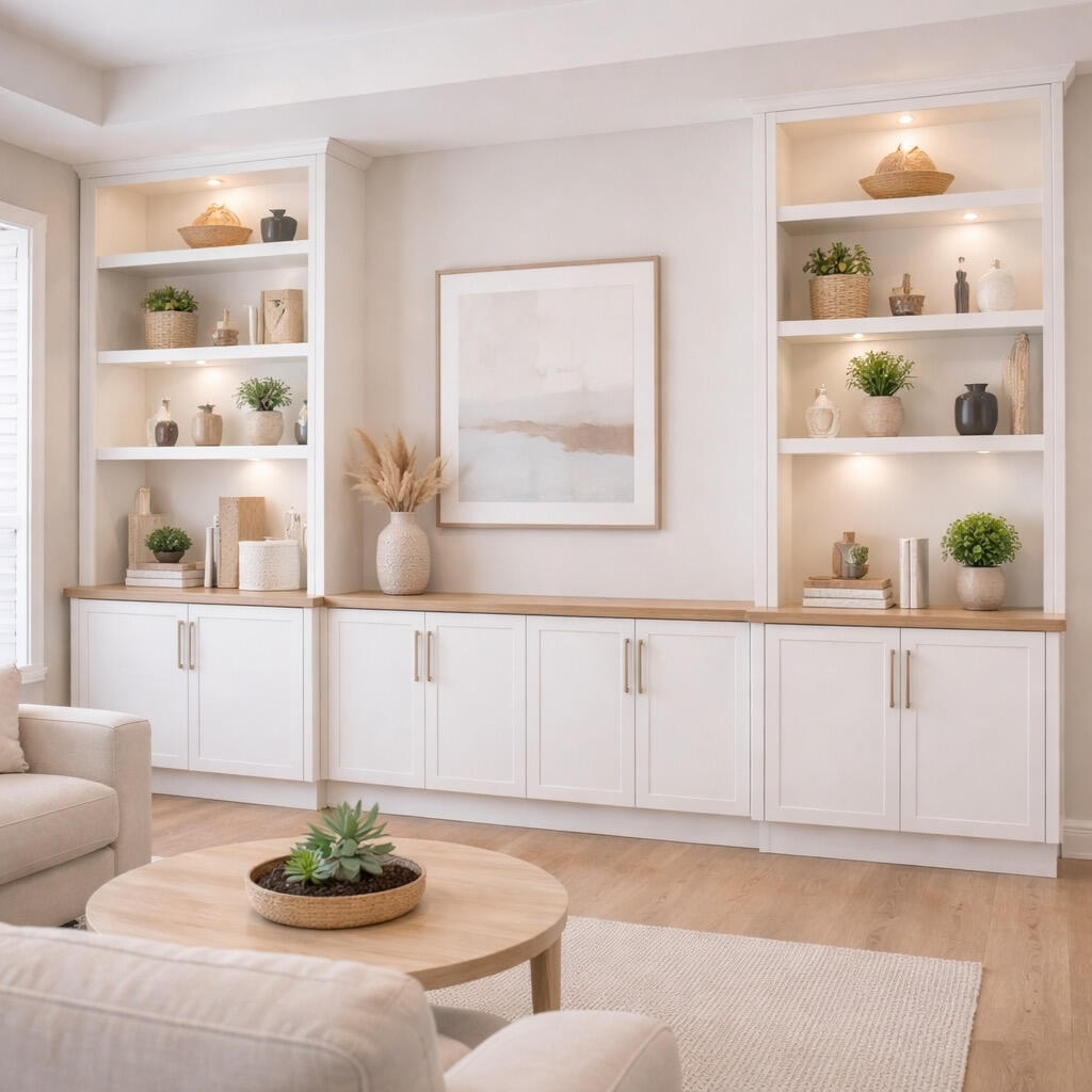 Custom built-in cabinets and shelving in a Clearwater living room with white cabinetry and wood accents